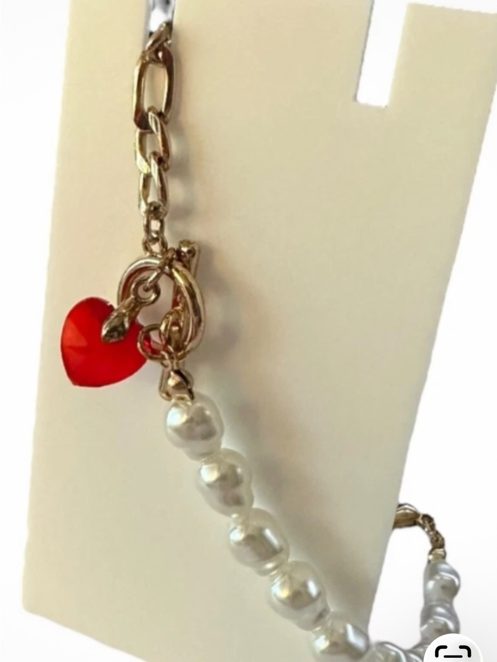 Gold Chain Pearl Bracelet with Red Heart Charm